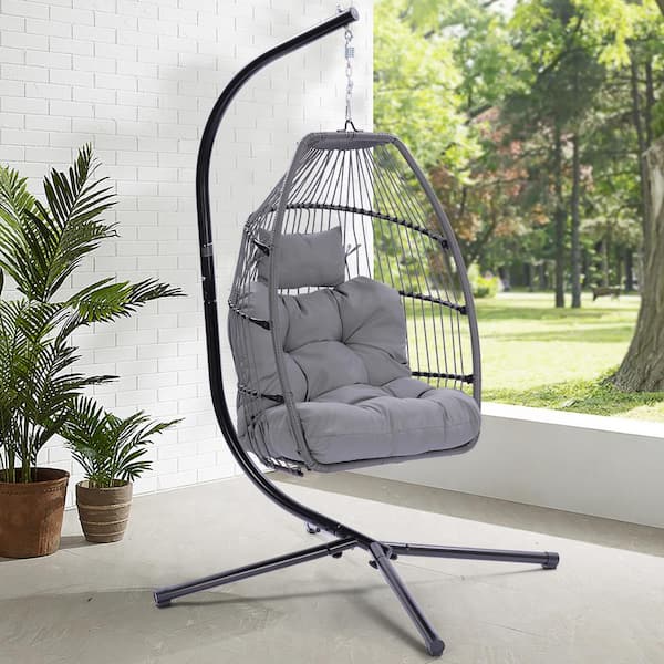 Daheat Freesi Outdoor Wicker Folding Hanging Chair Swing Hammock Egg Chair with C Type Bracket with Cushion and Pillow in Gray