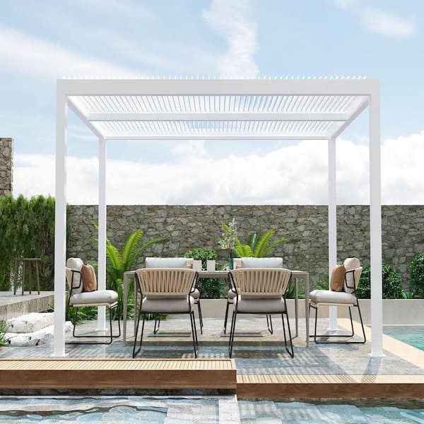 PURPLE LEAF 10 ft. x 14 ft. White Aluminum Outdoor Louvered Pergola with Adjustable Canopy Retractable Hardtop Gazebo Sun Shade