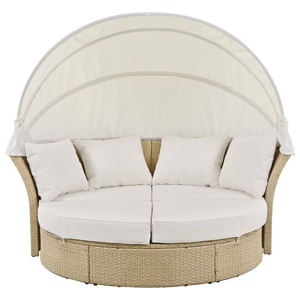 2-Pieces Wicker Outdoor Patio Double Day Bed Round Sofa Set with Retractable Canopy and 4 Beige Cushions and Pillows price history on PriceWatchPro