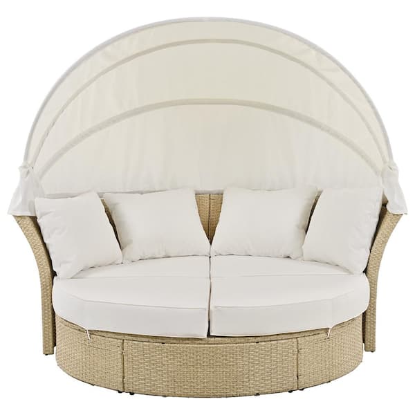 ITOPFOX 2-Pieces Wicker Outdoor Patio Double Day Bed Round Sofa Set with Retractable Canopy and 4 Beige Cushions and Pillows