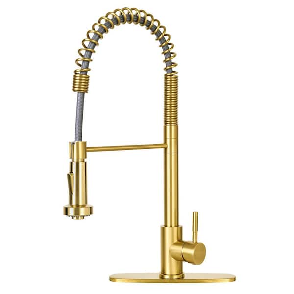 Akicon Brushed Gold 17.19 in. H Pre-Rinse Spring Single-Handle Pull-Out Sprayer Kitchen Faucet with 360° Spout Swivel