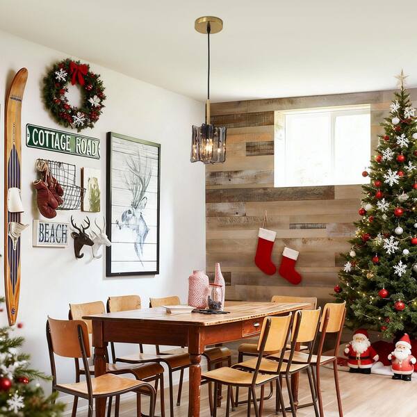 4.7 in. Modern 1-Light Brass Mini Pendant Light with Square Textured Smoky Gray Glass Shade