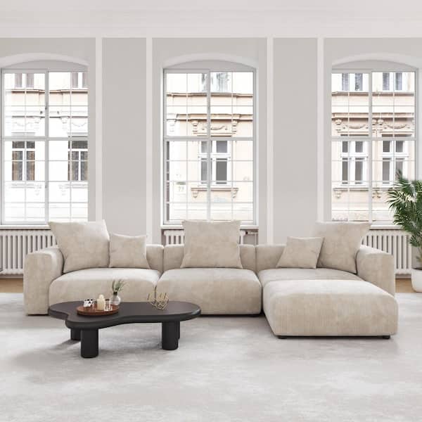 Modern 142 in. Square Arm 4-piece Modular Corduroy Sectional Sofa Oversized L-shaped Floor Couch with Ottomans in Beige