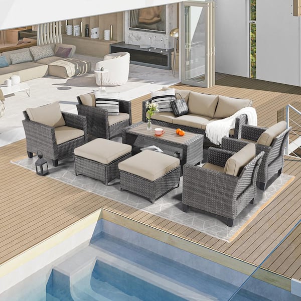 Sonkuki 8-Piece Gray Wicker Patio Sofa Set Outdoor Furniture Set with Ottomans and Coffee Table, Linen Flax Beige