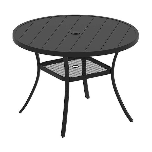 Sudzendf Black Round Metal Outdoor Dining Table with Umbrella Hole and Storage Shelf for 4 People