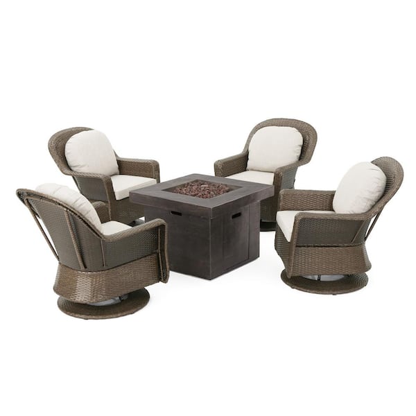 Noble House Colosseum Brown 5-Piece Faux Rattan Patio Fire Pit Set with Ceramic Gray Cushions