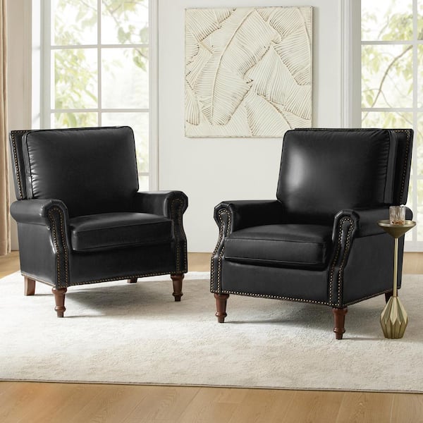 JAYDEN CREATION Rosal Black 33 in. W Genuine Leather Accent Chair with Spindle Legs (Set of 2)