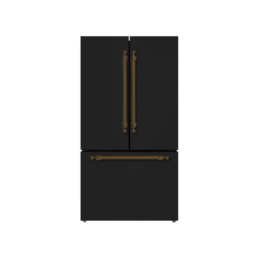 36 in. French Door 20.3 TTL cu. ft. Refrigerator, Freezer-Ice Maker, Glossy Black W- Classico Bronze Trim