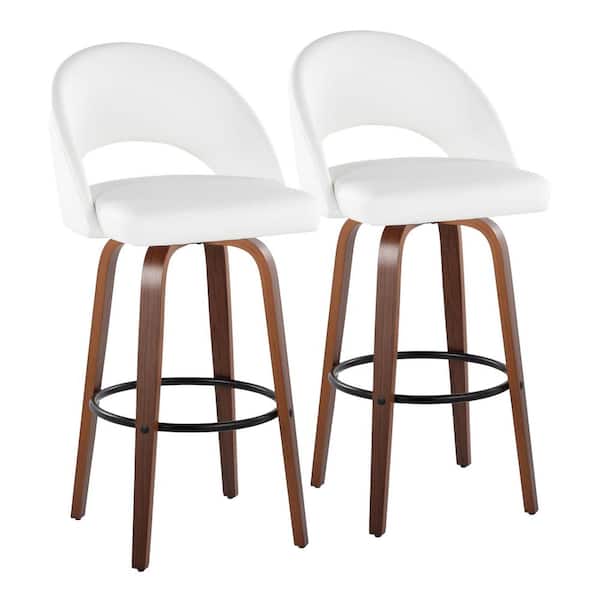 Renee Upholstered 42.25 in. H White Faux leather,Walnut Wood & Black Fixed-Height Bar Stool w/ Round Footrest (Set of 2)