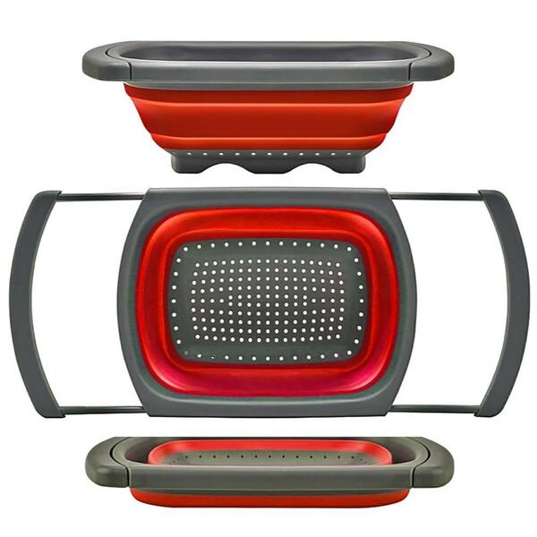 Foldable Space-Saving BPA-Free Silicone Plastic Collapsible Colander Strainer with Non-Slip Handles in Red, Set of 2