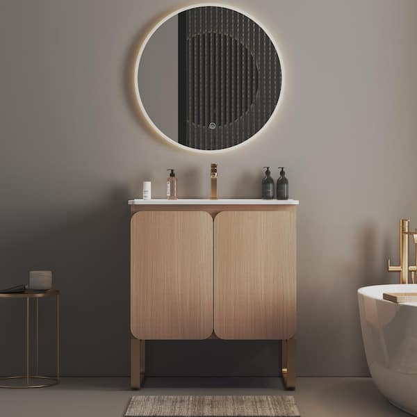 Unbranded 30 in. W Freestanding Bath Vanity in Light Oak with White Ceramic Top Unassembled