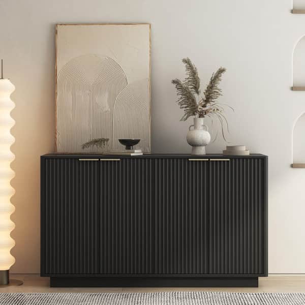 Bertha Modern Black Wood 55.1 in. Fluted Buffet Storage Sideboard, Storage Cabinet with Adjustable Shelves