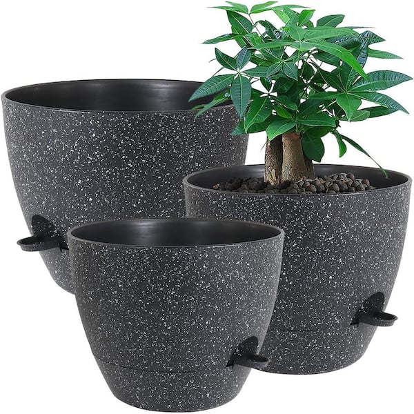 ITOPFOX Garden 12 in. L x 12 in. W x 7.5 in. H Black Speckles Plastic Round Indoor Planter (3-Pack)