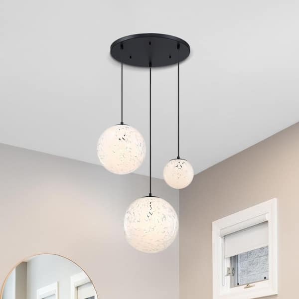 Circo 3-Light Matte Black Modern Globe Chandelier for Entryways with Mixed-Size White Art Glass Shades