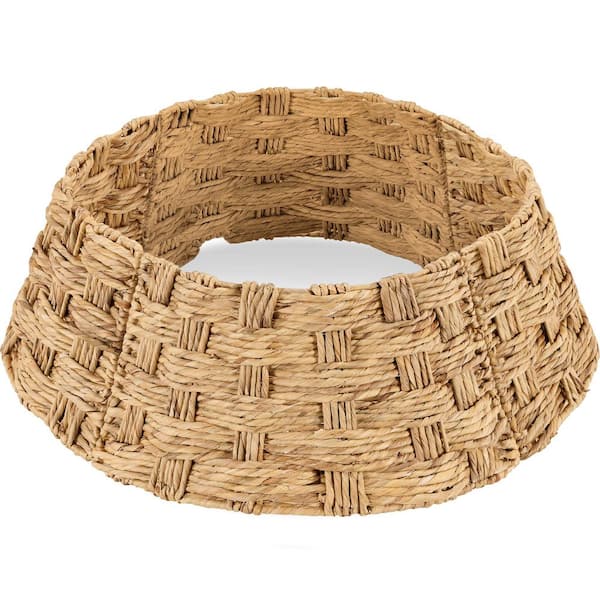 42 in. Basket Woven Hyacinth Christmas Cellulose Tree Collar, Skirt Accessory with Cord Cut-Out in Natural