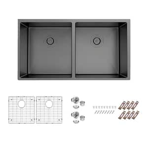 Nepera Black 16 Gauge Stainless Steel 33 in. Double Bowl Undermount Kitchen Sink with Bottom Grid, Drain
