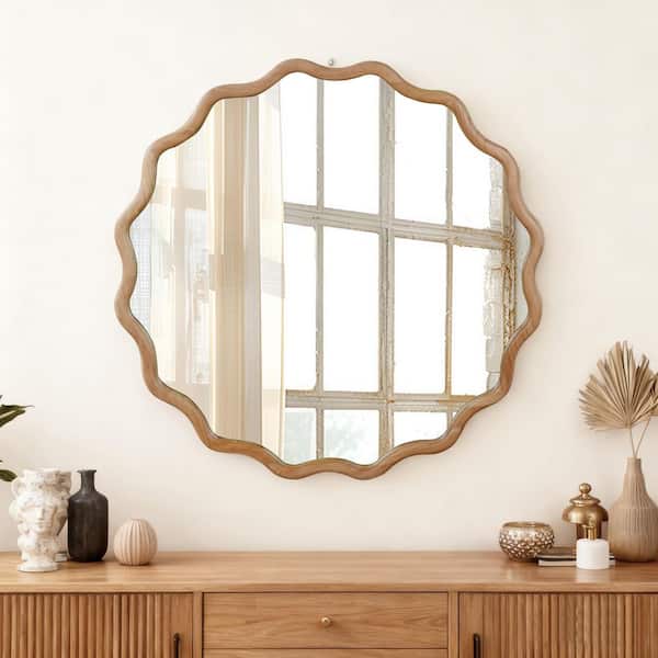 Natural Wood 30 in. W x 30 in. H Wavy Round Solid Wood Framed Mirror for Bathroom Vanity Living Room Entryway Decor
