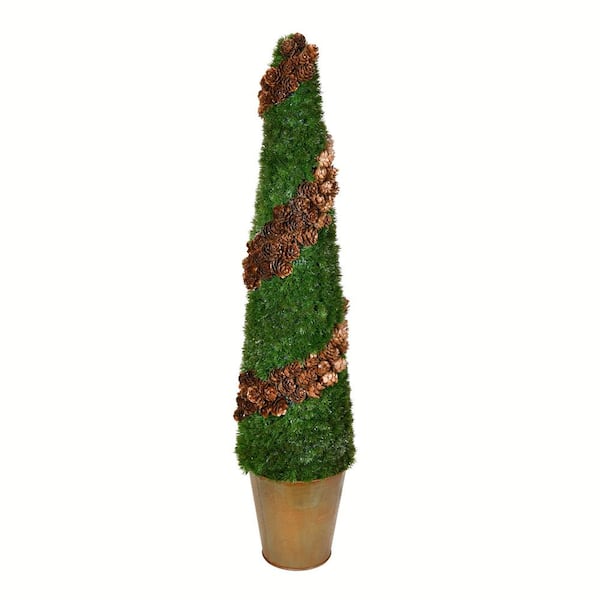 Vickerman 30 in. Green Artificial Cone Shape Cedar Topiary Plants in Rustic Tin Pot