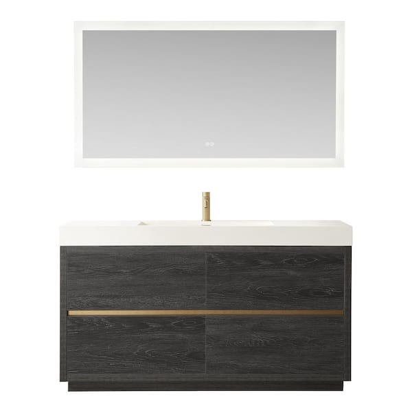 ROSWELL Huesca 59.8 in.W x 19.7 in.D x 33.9 in.H Single Bath Vanity in North Black Oak with White Composite Stone Top and Mirror