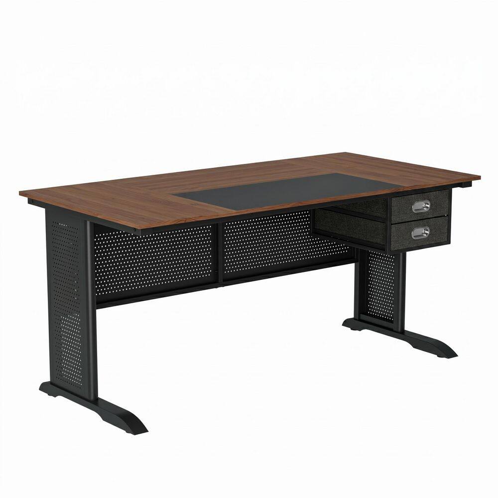 Front view of a computer writing desk with dark wood top and black frame.