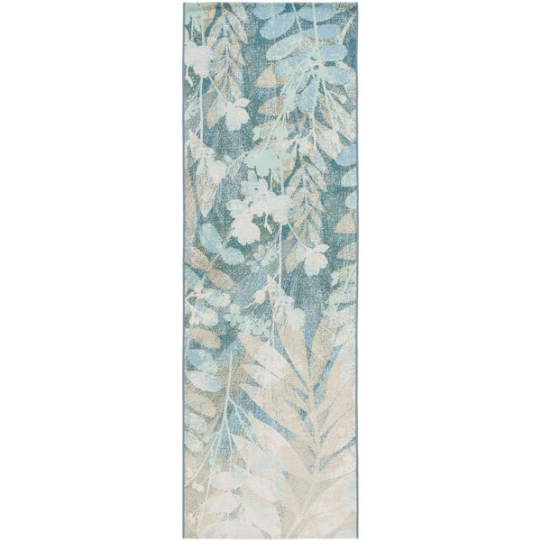 Barbados Blue Green/Ivory 3 ft. x 8 ft. Oversized Floral Indoor/Outdoor Runner Rug