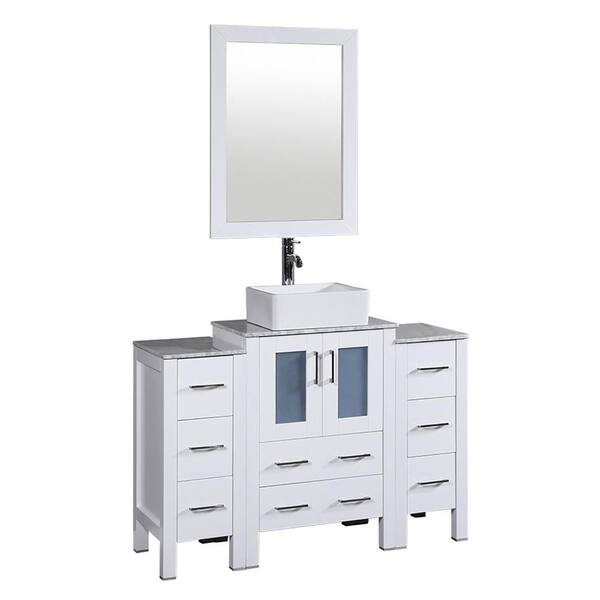 Bosconi 48 in. W Single Bath Vanity in White with Carrara Marble Vanity Top with White Basin and Mirror