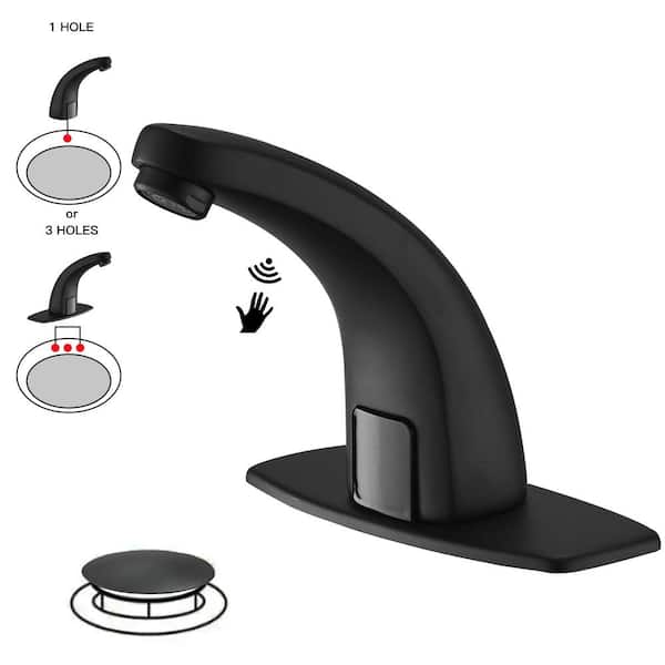 BWE DC Powered Commercial Touchless Single Hole Bathroom Faucet With Deck Plate & Pop Up Drain In Matte Black