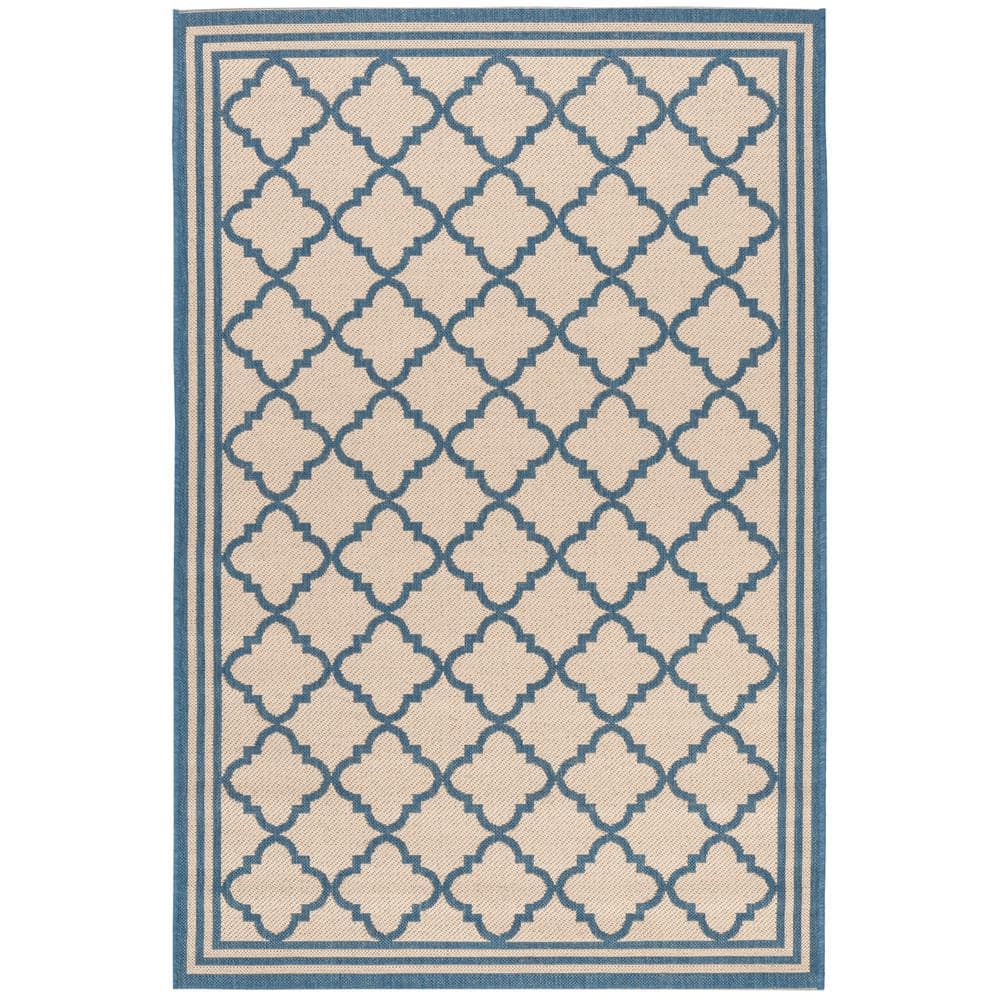 Cream and Blue Geometric Synthetic Indoor/Outdoor Area Rug