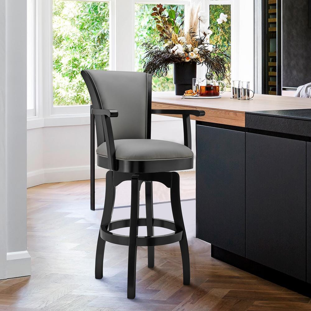 Armen Living 26 in. Raleigh Faux Leather Arm Counter Height Swivel Barstool Black Gray