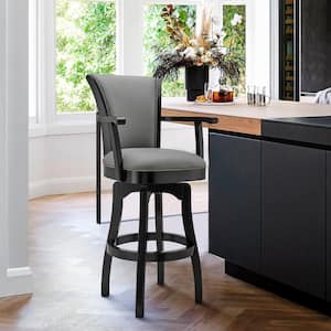 Raleigh Arm 26 in. Counter Height Swivel Barstool in Black Finish and Gray Faux Leather