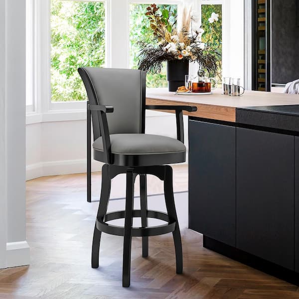 Armen Living Raleigh Arm 30 in. Bar Height Swivel Barstool in Black Finish and Gray Faux Leather