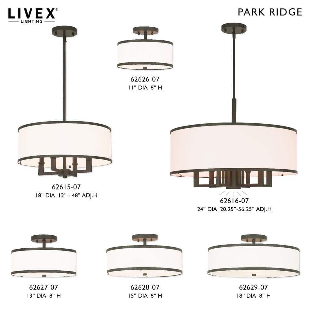 Bronze Drum 3-Light Semi-Flush Mount with Off-White Fabric Shade