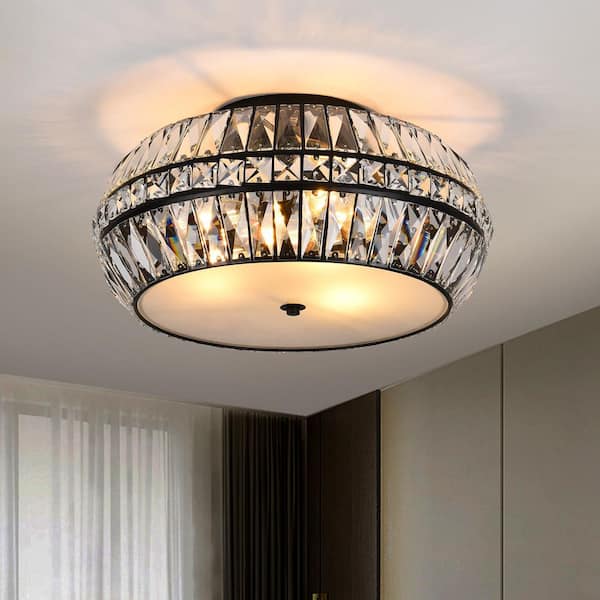 PAKOKULA Modern 18.3 in. 3-Light Black Drum Semi-Flush Mount Ceiling Light With Irregular Crystal Shade and No Bulbs Included