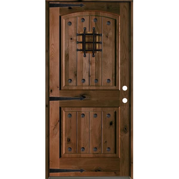 Mediterranean 36 in. x 80 in. Knotty Alder Left-Hand/Inswing Arch Top BEHR Espresso Stain Wood Prehung Front Door