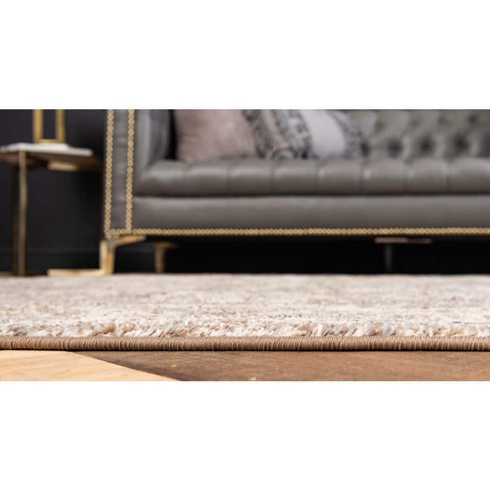 8' Square Light Brown Floral Synthetic Rug