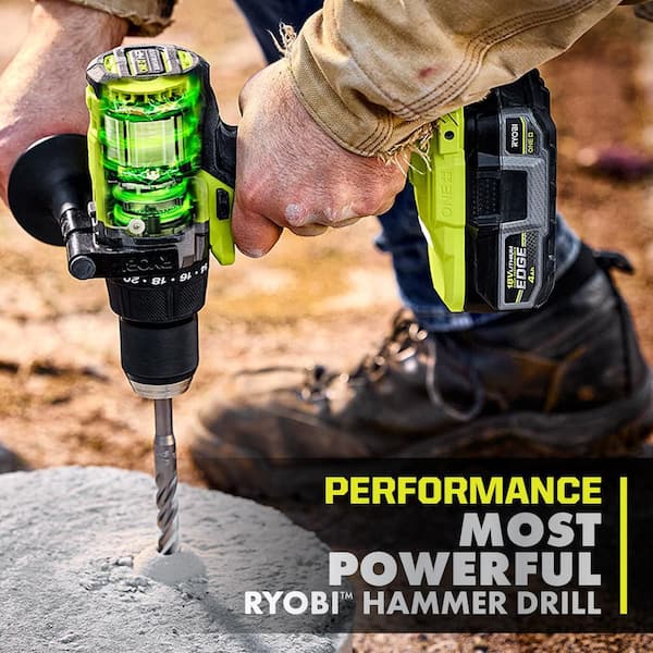 RYOBI - ONE+ HP 18V Brushless Cordless 1/2 in. Hammer Drill Kit 4.0 Ah HIGH PERFORMANCE Battery, Charger, and Bag