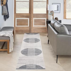 Astra Machine Washable Ivory Blue 2 ft. x 12 ft. Geometric Kids Contemporary Kitchen Runner Area Rug