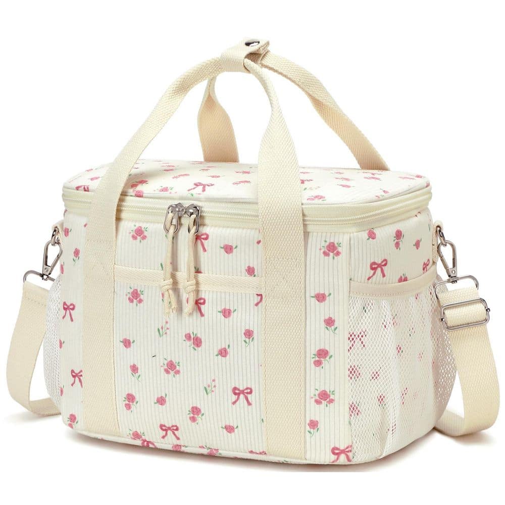 Pink Bow Floral Reusable Insulated Lunch Bag with Leakproof Lining, Shoulder Strap, Multiple Pockets for Women price history on PriceWatchPro