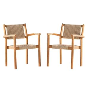 Acacia Hardwood Frame Outdoor Patio Dining Chair with Rattan Back and Seat in Natural (Set of 2)