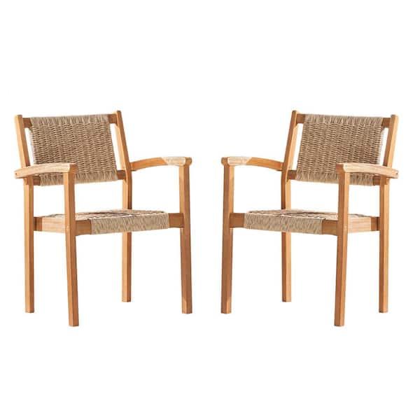 Kahomvis Acacia Hardwood Frame Outdoor Patio Dining Chair with Rattan Back and Seat in Natural (Set of 2)