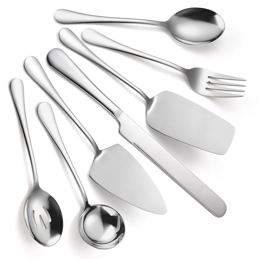 7-Piece Silver Stainless Steel Flatware Serving Set Catering Utensils Inclu