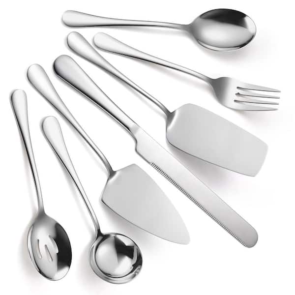 Unbranded 7-Piece Silver Stainless Steel Flatware Serving Set Catering Utensils Include Soup Ladle, Slotted Spoon and Server Fork