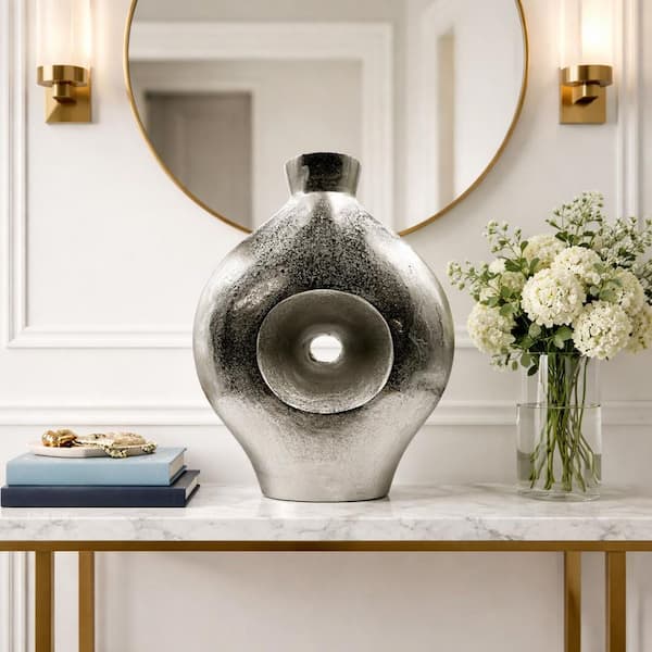 Silver 18 in. x 15 in. Aluminum Round Hollow Metal Vase