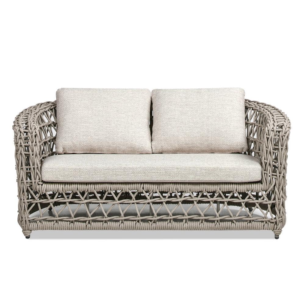 63.5 Oat Beige Woven Frame Metal Barrel Deep Seating Outdoor Loveseat wi