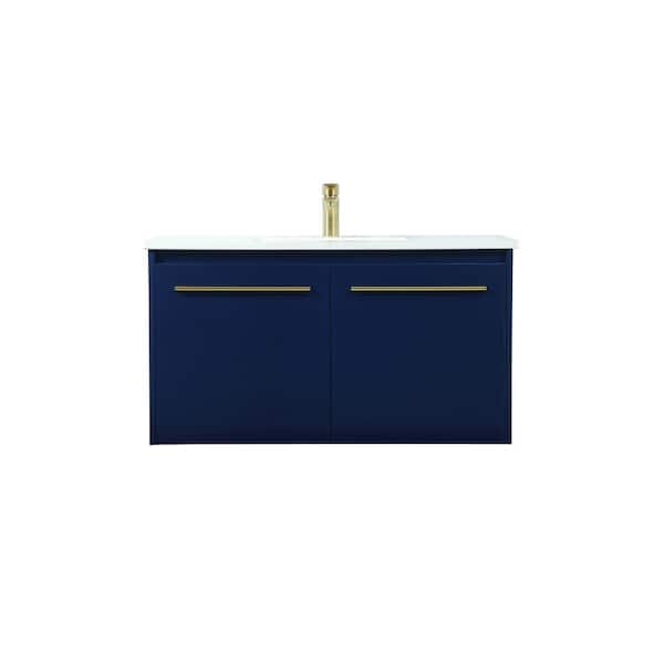Unbranded Simply Living 36 in. W x 18 in. D x 19.7 in. H Bath Vanity in Blue with Ivory White Engineered Marble Top