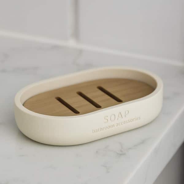 WILLIS Freestanding Soap Dish with Draining Bamboo Insert Beige