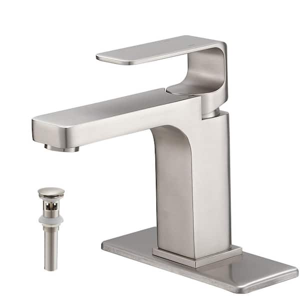 Fapully Single Handle Single Hole Bathroom Faucet with Deckplate & Drain Included Lever Handle Bathroom Faucet in Brushed Nickel