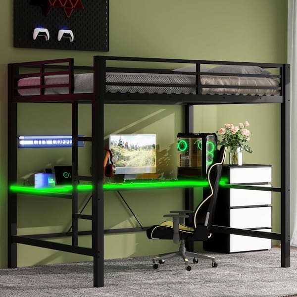 Black Full Size Gaming Metal Loft Bed with LED Light and Desk