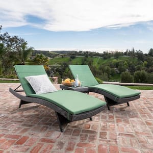 Miller Grey 3-Piece Faux Rattan Outdoor Chaise Lounge and Table Set with Jungle Green Cushions