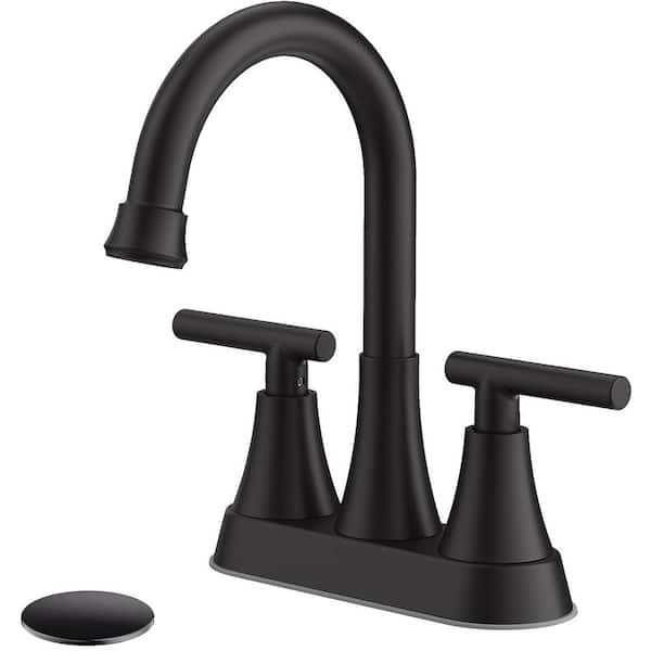 4 in. Centerset Double Handle High Arc Bathroom Faucet with Drain Kit Included in Matte Black
